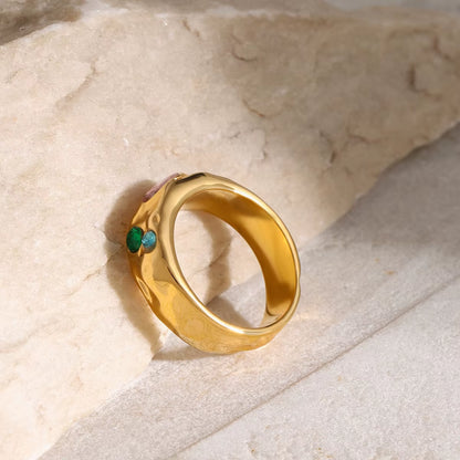 Fashion Hammer Pattern Zircon Ring 18K Gold Color Plated Stainless Steel Colorful Zircon Stackable Ring Women'S Jewelry