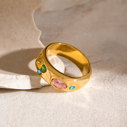 Fashion Hammer Pattern Zircon Ring 18K Gold Color Plated Stainless Steel Colorful Zircon Stackable Ring Women'S Jewelry