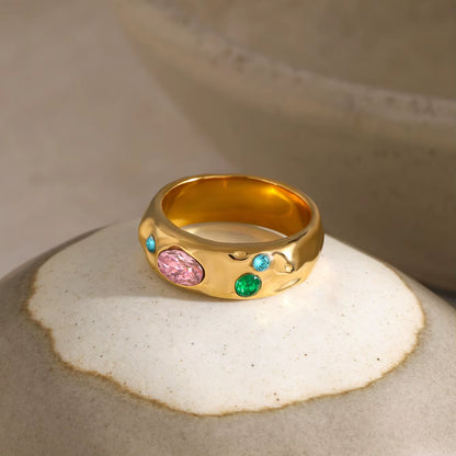 Fashion Hammer Pattern Zircon Ring 18K Gold Color Plated Stainless Steel Colorful Zircon Stackable Ring Women'S Jewelry